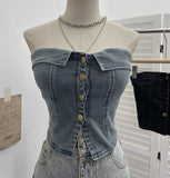Sexy With Chest Cushions Denim Bra Sleeveless Top Single Buckle One-Pack Short Vest 2738