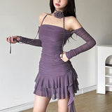 2025 New Mesh Design Sexy Thoracic Dress Woman Bodyd Long-Sleeved Leaves Wrapped In Chest Skirt Wrinkles