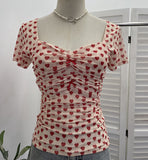 Love Print Small Bow Net Collar Folded Body Elastic Short-Sleeved T-Shirt 28313