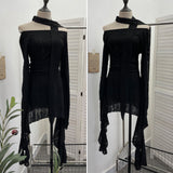 The Dark Waste Soil Wind Makes The Old Hole Hanging Shoulder Hanging With Long Sleeves Irregularly Open Fork T-Shirt Skirt 9295