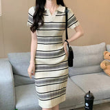 Striped Collar Short-Sleeved Knitted Dress Girl Summer Korean Version Sweet Cute Thin Waist Temperament Mid-Long Dress Girl