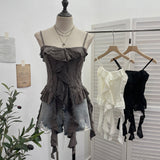Dark Wasteland To Make Old Hole Slings Vest Irregular Lotus Side Ribbon Short Sleeveless Top 9238