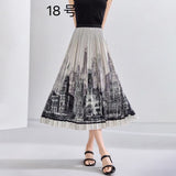 2025 New High-Rise Half-Dress Woman Tight Waist Ink Print Design Sense A-Character Skirt In The Long Folded Skirt