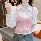 Fake Two Knitted Vest Sling Splicing Bubble Sleeves Simple Atmospheric French Design Sense Sweet Blouse Woman