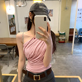 Lyselle Tiansi's Unique Beautiful Pink Slanted Shoulderless Sleeveless T-Shirt For Women's Summer 2025 New Super-Looking Dew Shoulder