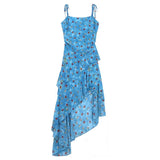 Holiday Style Retro Floral Sling Dress Women's Summer Design Irregular Dress To Collect Waist Thin A Skirt