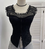 Real Shot Lace Splicing Mesh Yarn Bra Vest Summer Hook Buckle Fish Bone Girded Short Shirt 2878
