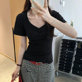 Small Design Pure Passion Hot Babes Shoulder V-Neck Thin Short-Sleeved T-Shirt Girls Summer New 2025 Explosion Top