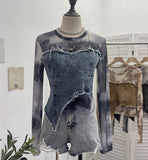 Vintage Dye Mesh Spliced Denim Shoulder Long-Sleeved T-Shirt T-Shirt T-Shirt Dress 2617