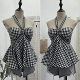 Real Shooting A Variety Of Wearing Striped With Bows Hanging Neck Bra Vest With Chest Cushion Lattice Sleeveless Short Top 9227