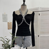 Real Shooting Heavy Industry Drill Hanging Neck With A Word Shoulder Long-Sleeved Top Repair Slim Short-Bottomed T-Shirt