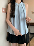 Korean Sleeveless Hanging Neck Shirt Women's Spring New Fashion Collar Design Feel Folded Blue Top Tide