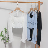 Fang Collar Leak Collar Collar Collar Short Shirt 2025 Spring Dress New Lantern Long-Sleeved Tie With Hanging Neck Shirt Women's Top 8876