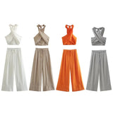 2025 Summer New Women's Neck Neck Neck Linen Shirt Vest Straight Trousers Set