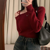 Sexy One-Word Collar Shoulder With Sweater Female Korean Version Of Autumn And Winter New Slim Short Knitted Shirt Top