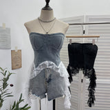 Real Shot With Chest Cushion Denim Splicing Lace Ribbon Irregular Thoracic Coat Short Strap Strap Vest 2739