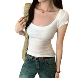 Lyselle Silk Wool Thin Pure Windy Pink U Collar Shoulder Short-Sleeved T-Shirt Women 2025 New Beautiful Top