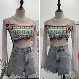 Real-Patted Letter-Print Mesh Yarn Women's Summer Thin Single-Layer Perspective Sunscreen Hooded Short T-Shirt 50235
