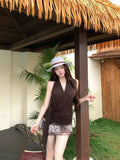 Vintage Babes Brown Hanging Neck V-Neck Vest Woman Summer Design Sense Bottom Slimming Strap Coat Wear