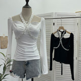 Real Shooting Heavy Industry Drill Hanging Neck With A Word Shoulder Long-Sleeved Top Repair Slim Short-Bottomed T-Shirt