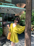 Holiday Style Strapped Back V Collar Long-Sleeved Dress Women Summer French Loose Green Skirt Casual A Short Skirt