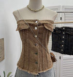 Vintage Water Wash Denim Breasts A Word Shoulder Button Open Shirt Vest To Take Sleeveless Top Lady 617