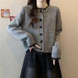 Grey Short Sweater Woman 2025 Spring And Autumn Knitted Open Shirt Jacket Small Man Miu Line Inside The Bottom Top