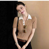 French Polo Collar Cassette Knitted Short-Sleeved T-Shirt Women 2026 Spring Leisure Temperament Shoulder Small Top