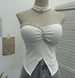 Thai-Style Hanging Neck Small Sling With Drill With Chest Pad Irregular Wearing Sleeveless Knitting Top 9211