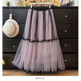 French Wave Point Mesh Splicing Layer Fluffy Skirt Women's Spring And Summer 2025 New Wooden Ear High-Waist Loose Swing Skirt