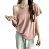 French Oblique Knitted Bat Sleeve T-Shirt For Women's Summer Pure-Willed Loose Short-Sleeved Ins Sexy Out-To-Shoulder Bottom Top