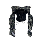 Vintage Shoulder Camouflage Long Sleeve Splicing Rope Tie With Waist Shirt Folded Top 2767
