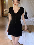 South Korea Dongdaefang Fashion V-Neck Solid Color Single Buckle Set Slim Sexy Knitted Dress