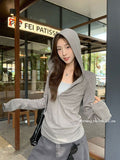 Miu Line Gray Fake Two-Piece Hooded Long-Sleeved T-Shirt Girl Early Autumn And Winter Design Sense Half Zipper Repair Bottom Shirt Top