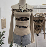 Real Shooting With Hanging Neck Leopard Print Splicing Two Long-Sleeved Tops A Short Shoulder Bottom T-Shirt 28787