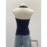 Real Shot Lyselle Tian Silk Wool Hanging Back Twisted Folded V-Neck Sleeveless Sleeve Sling Vest Female Summer Design Blouse
