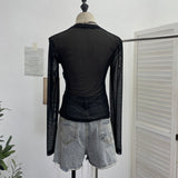 Real Shooting Spice Girls Irregular Hairy Denim Splicing Perspective Mesh Long Sleeves Bottom Shirt Short T-Shirt 8978