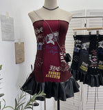 Printed Split Splicing Rope Tie With Pu Skin Bra Punk Babes Dress Dress Girl 6289