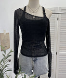 Two Sets With Chest Pad Sling Vest + Velvet Wave Dot Long-Sleeved Mesh T-Shirt Blouse Female 28273