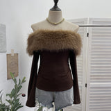 Real Shot Shoulder Hair Collar Long-Sleeved T-Shirt Women Autumn And Winter Retro Hair-Wearing Shirt 13681