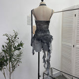 Real Shooting Round Neck Fluttering Dye Printing Irregular Lotus Leaf Side Mesh Slings Slings Sleeveless Top 1218