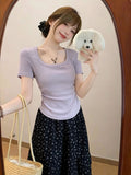 Sweet Purple Collar Folded Waist Short-Sleeved T-Shirt 2026 Summer New Slimming Hottie Short Top