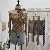 Real-Patting Mesh Lattice Letter Print Word Collar Shoulder Long-Sleeved T-Shirt Y2k Ribbon Over The Spice Girl Blouse 8072