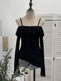 Real Shot One-×Ö Shoulder Sling Long-Sleeved Top Repair Slim Thin Folds Irregular Lotus Lace Tidly Tidly Tidly Tidly Tidly Tidly Tidly T-Shirt 1162