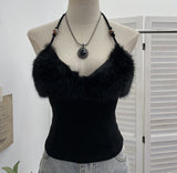 Real Shot Hair Splicing Hanging Neck Sling Vest Sexy Low Chest Bare Back Short Sleeveless Top 2802