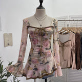 Spring And Summer New French Style Tie Dyed Horn Long-Sleeved Lace Side Design T-Shirt 9980