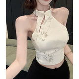 2025 Vintage Hanging Neck Top Female Summer National Style Print Sleeveless Vest Sexy Hot Girl With Chest-Loved Short Shirt