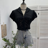 Real Shooting Short-Scuffed Lace Fish Bone Shirt For Girls Summer Babes Short-Sleeved Collared V-Neck Blouse 23715