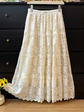 Gentle Wind Pure Color Hollow Lace Lace Dress Women Winter Lady Temperament High Waist Folds Big Swing Dress