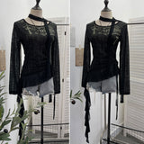 Slap In The Air-Covered Knitted T-Shirt Women's Autumn Dress With Long-Sleeved Drawstring Irregular Top 8097
